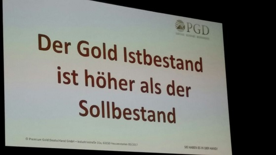 Am 27. Mai 2017 wurde in der Stadthalle Offenbach vor Vertriebsmitarbeitern noch die Lüge von einem hohen Goldbestand bei PIM-Gold verbreitet