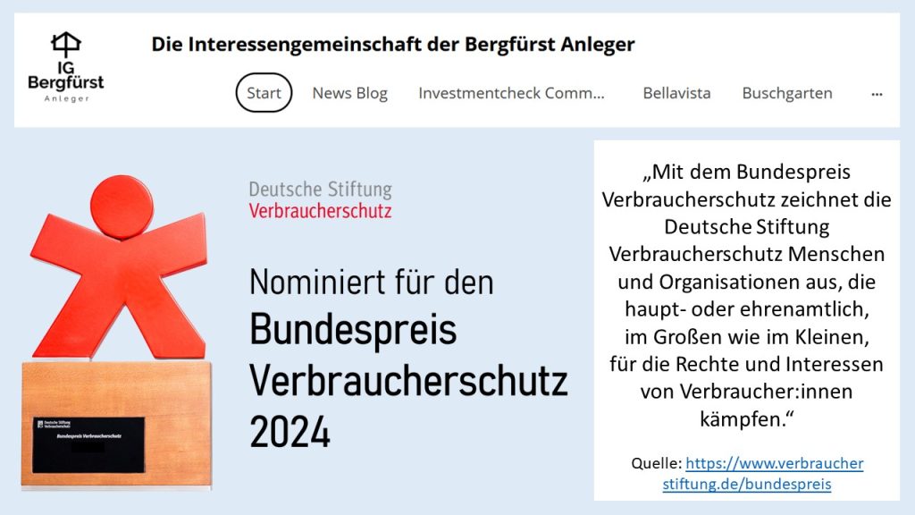 Gratulation an die Interessengemeinschaft der Bergfürst Anleger zur Nominierung für den Bundespreis Verbraucherschutz 2024