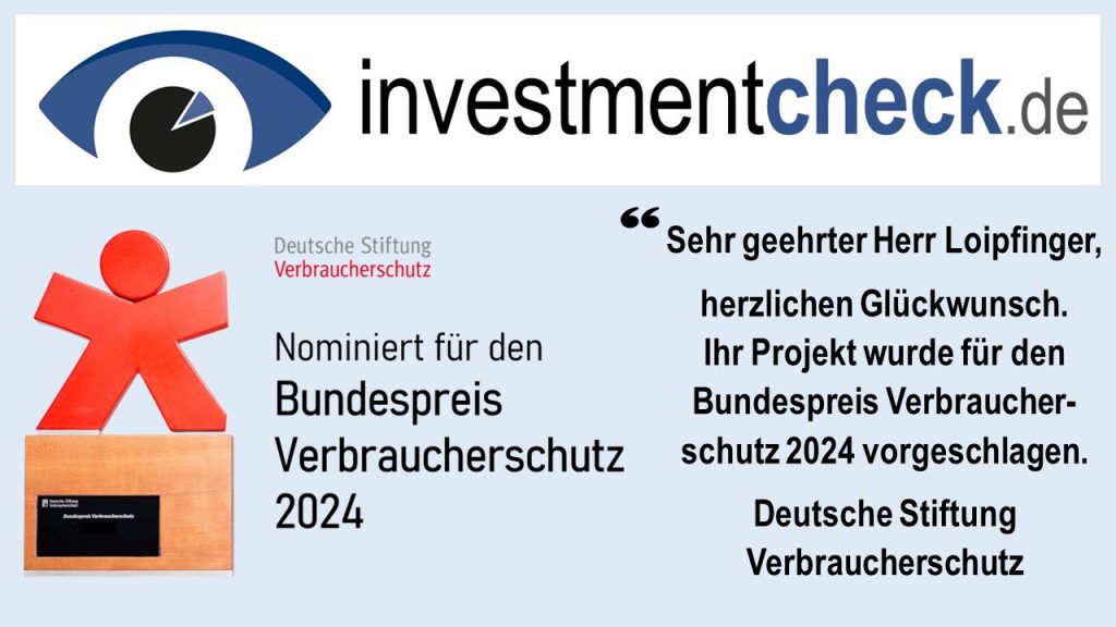 Investmentcheck.de ist für den Bundespreis Verbraucherschutz 2024 nominiert