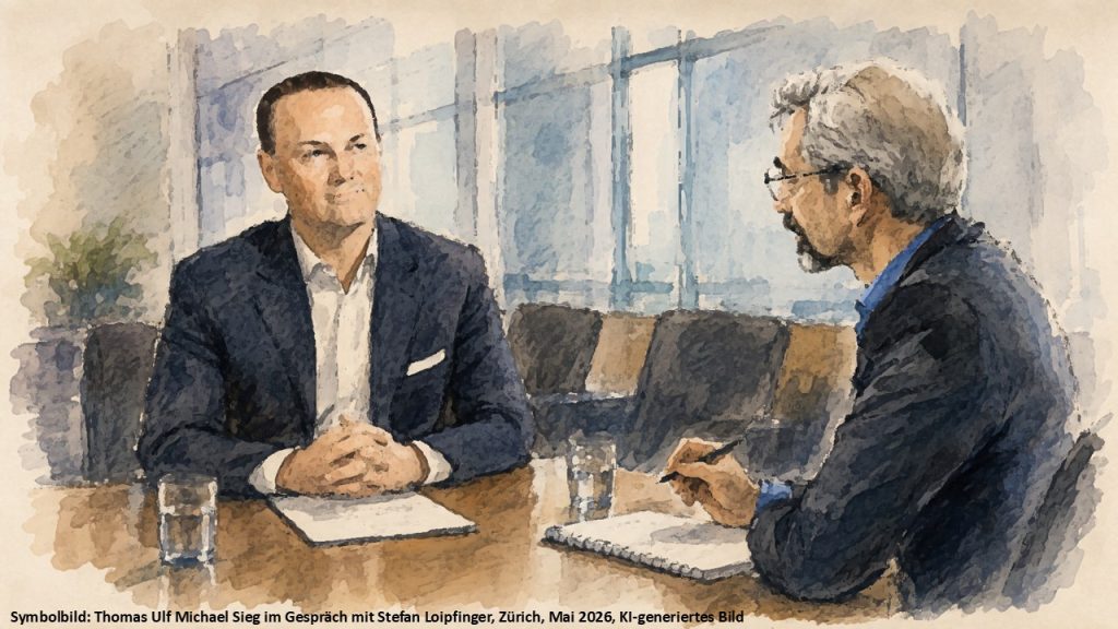 Symbolbild: Thomas Ulf Michael Sieg im Gespräch mit Stefan Loipfinger, Zürich, Mai 2026, KI-generiertes Bild